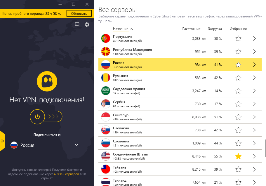 Открыть скриншот программы CyberGhost VPN Скриншот CyberGhost VPN