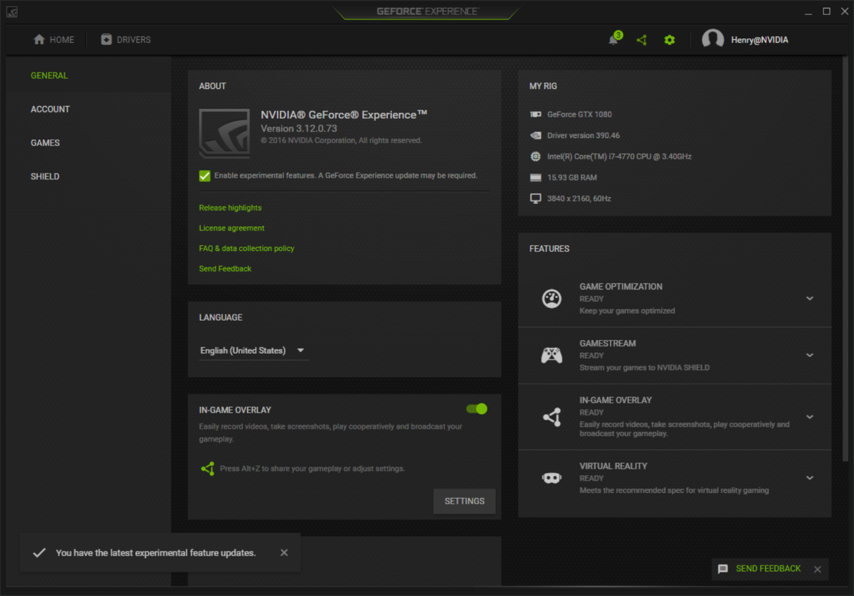 Открыть скриншот программы GeForce Experience Скриншот GeForce Experience