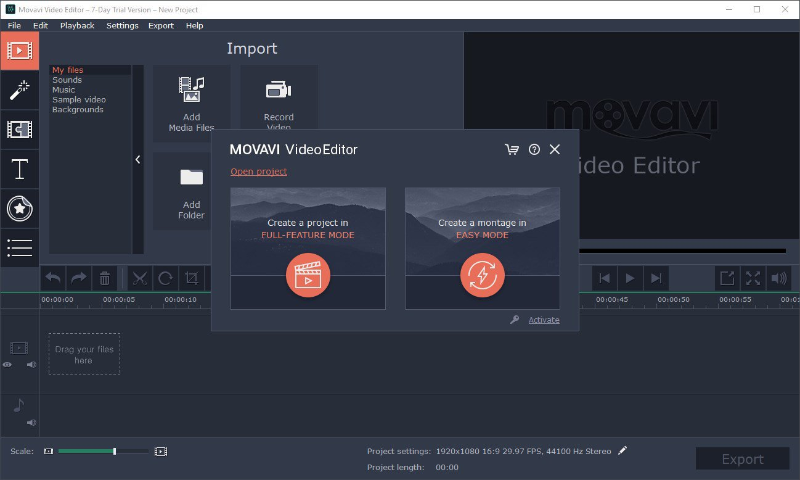 Открыть скриншот программы Movavi Video Editor Скриншот Movavi Video Editor