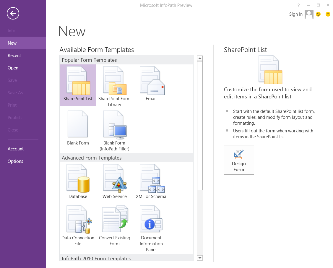Открыть скриншот программы Microsoft InfoPath Скриншот Microsoft InfoPath