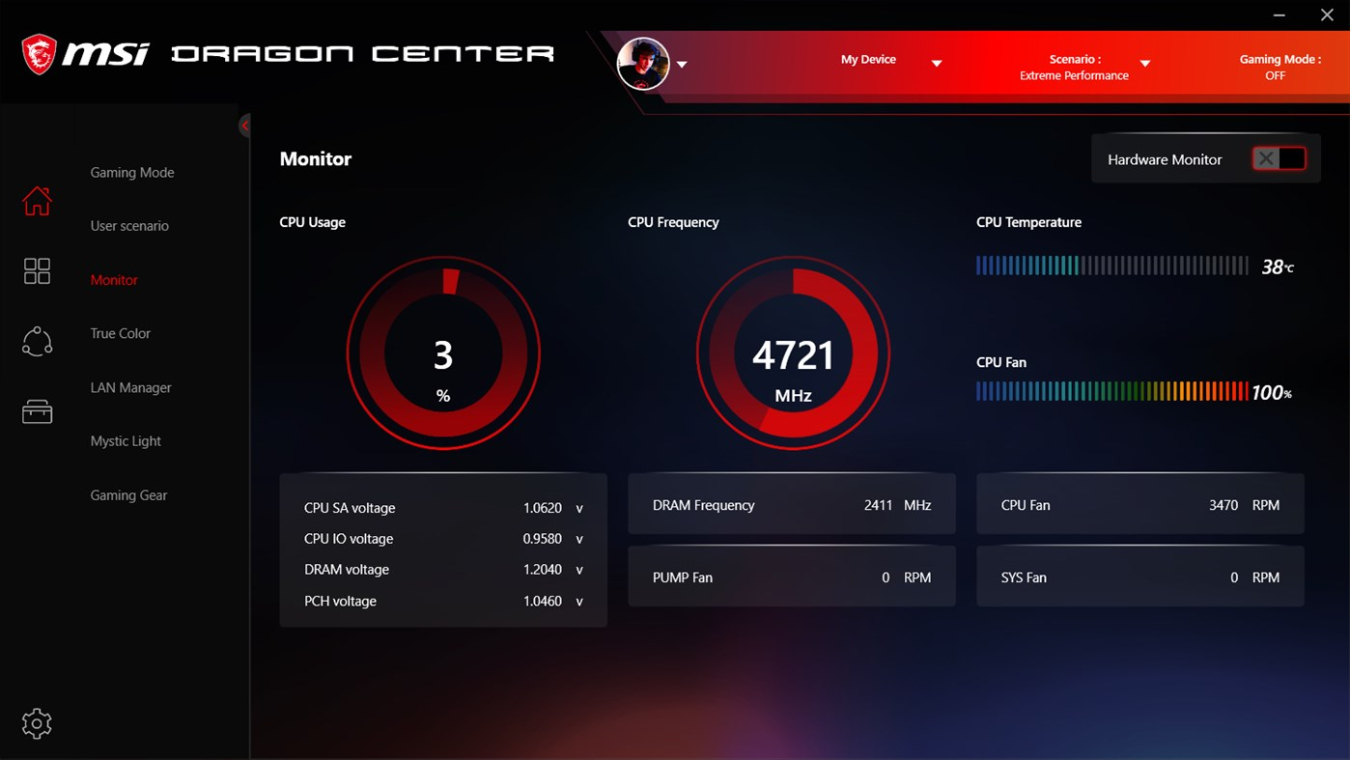 Открыть скриншот программы MSI Dragon Center Скриншот MSI Dragon Center