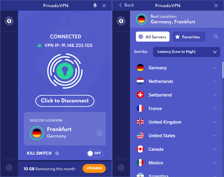 Открыть скриншот программы PrivadoVPN Скриншот PrivadoVPN