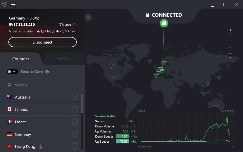 Открыть скриншот программы ProtonVPN Скриншот ProtonVPN