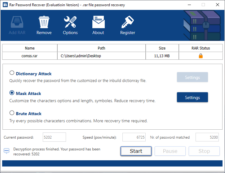 Открыть скриншот программы RAR Password Recover Скриншот RAR Password Recover