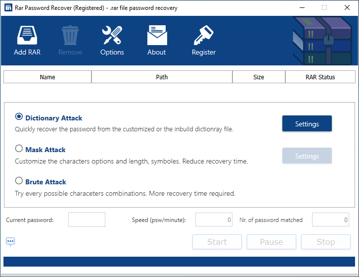 Открыть скриншот программы RAR Password Recover Скриншот RAR Password Recover